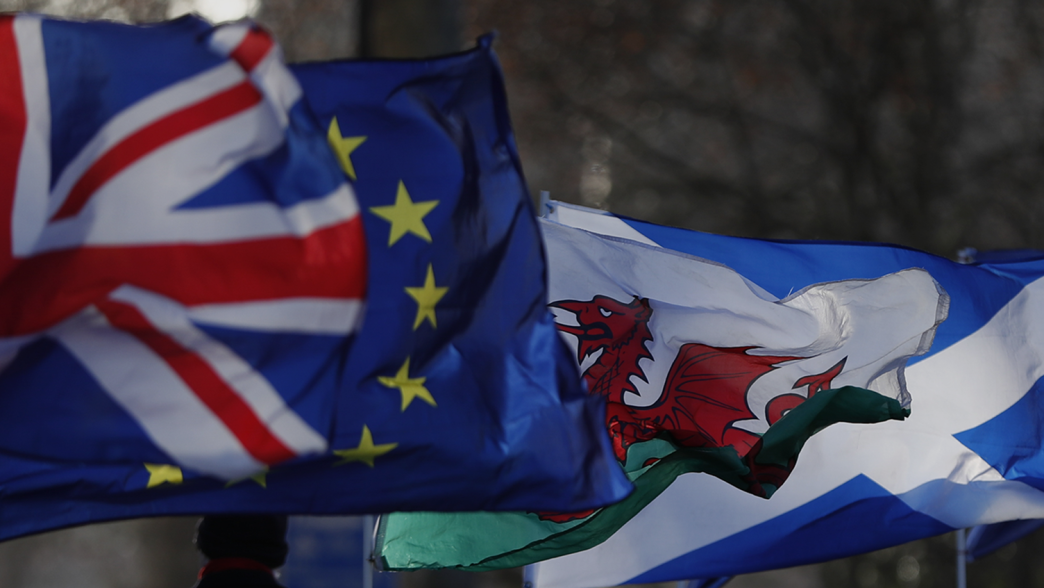 Union Jack, European Union, Welsh and Scottish flags