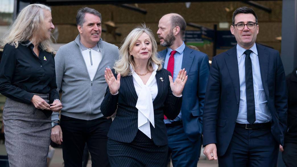 Metro mayors Tracy Brabin, Steve Rotherham, Jamie Driscoll and Andy Burnham outside Leeds Central Station.  