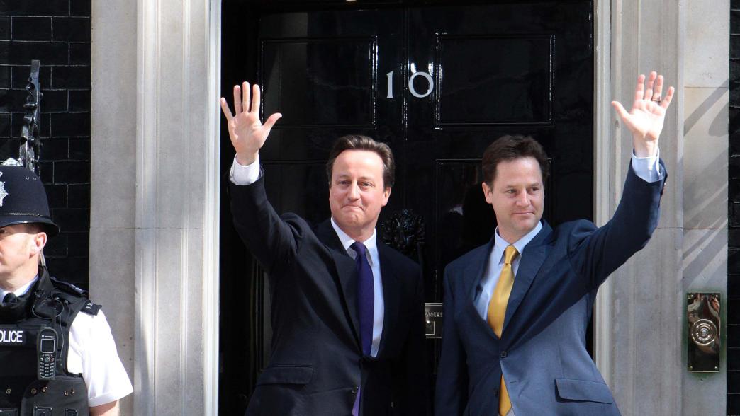 David Cameron and Nick Clegg on the steps of Downing Street in 2010 after agreeing to form a coalition.