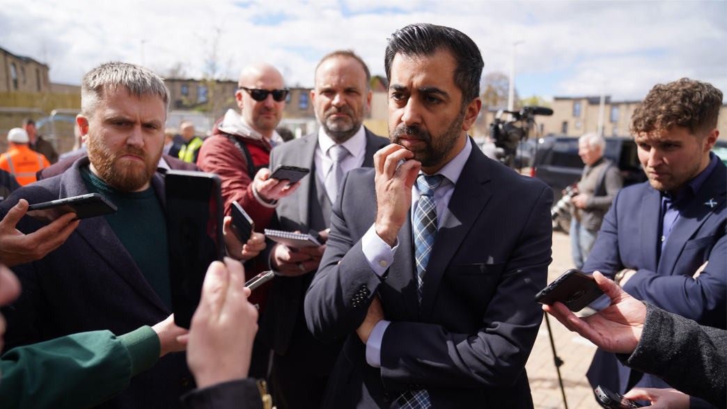Scotland's First Minister Humza Yousaf speaking to the media during a visit to the Hillcrest Homes housing development in Dundee
