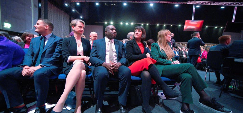 Shadow cabinet members (left to right) Wes Streeting, Yvette Cooper, David Lammy, Rachel Reeves and Angela Rayner, during Labour Party leader Sir Keir Starmer's speech.