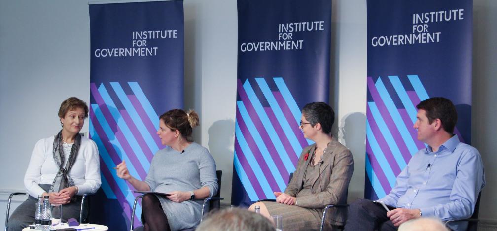 Dame Una Obrien, Cath Haddon, Chloe Smith and Alex Thomas on stage at the IfG