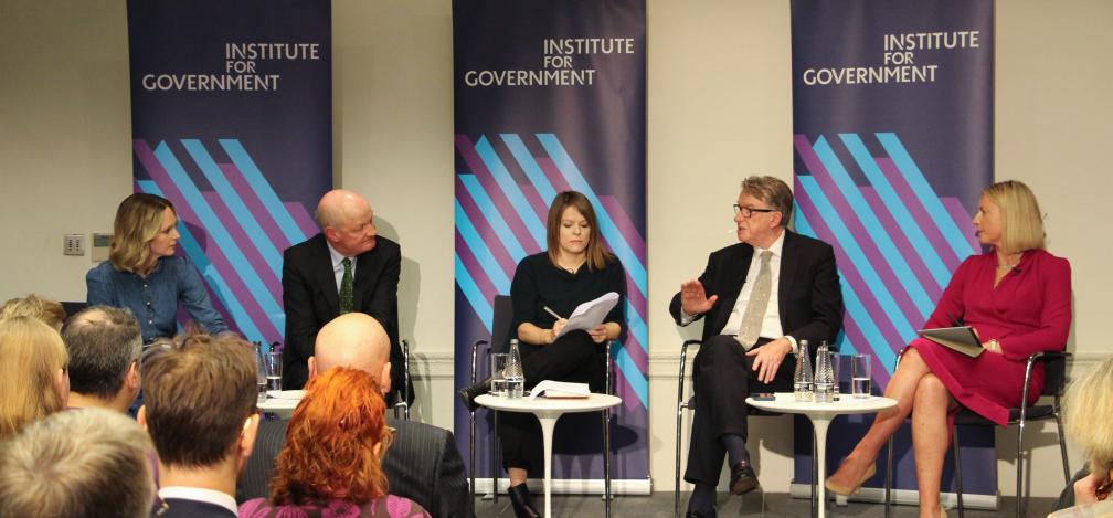 A panel at the IfG featuring Lord Willetts and Lord Mandelson.
