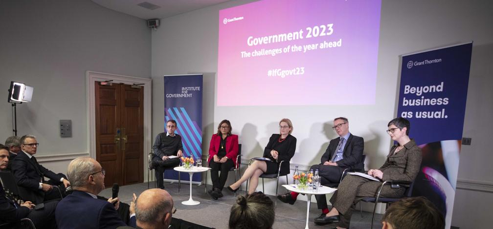 Sam Freedman, Ayesha Hazarika, Dr Hannah White, Paul Johnson and Chloe Smith on stage at the IfG's Government 2023 conference