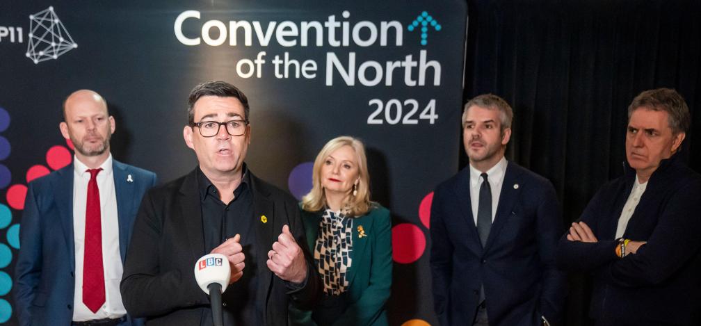 Left to right Jamie Driscoll Mayor North of Tyne, Andy Burnham Mayor of Greater Manchester,Tracy Brabin Mayor of West Yorkshire, Oliver Coppard Mayor of South Yorkshire, Steve Rotheram Mayor of the Liverpool City Region during a press conference at the Convention of the North.