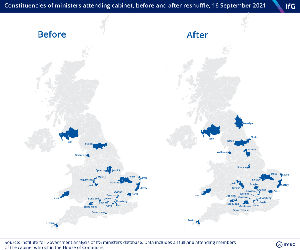 Constituencies of ministers attending cabinet, before and after reshuffle, 16 September 2021
