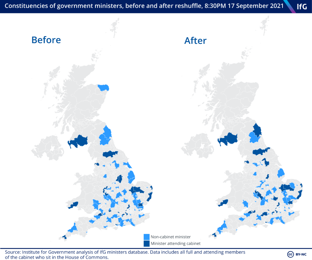 Constituencies of government ministers, before and after reshuffle
