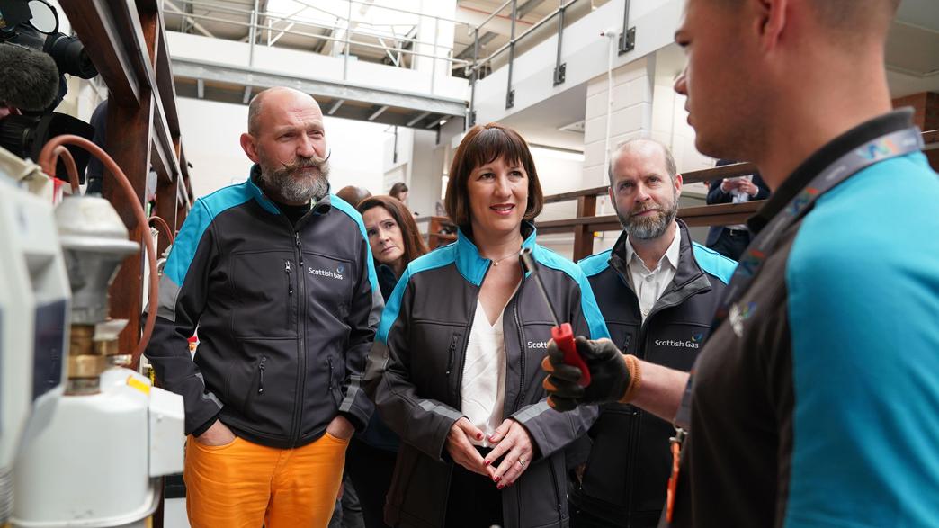 Shadow chancellor Rachel Reeves alongside shadow secretary of state for Business, Energy and Industrial Strategy Jonathan Reynolds and Chris O'Shea Group Chief Executive of Centrica during a visit to the Scottish Gas Academy in Hamilton, Lanarkshire, to meet apprentices and workers.