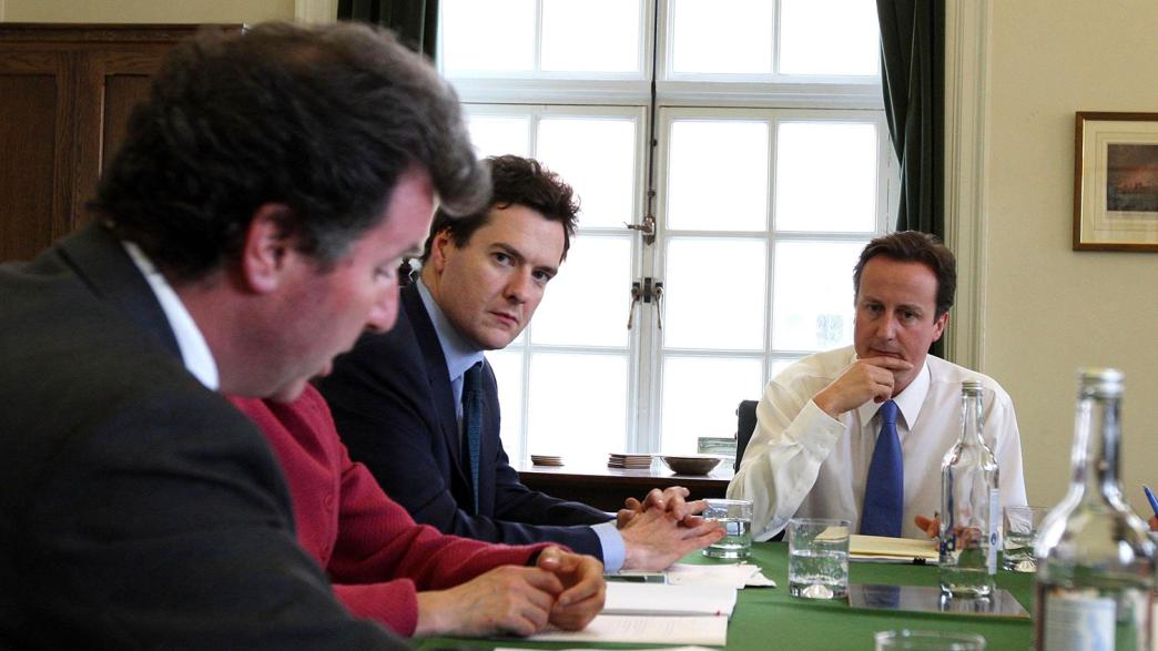 Conservative party leader David Cameron meets with members of his shadow cabinet, including Chairman of the Conservative policy review Oliver Letwin (left) and shadow Chancellor George Osborne (centre), to discuss Tory policy, in Portcullis House, London.
