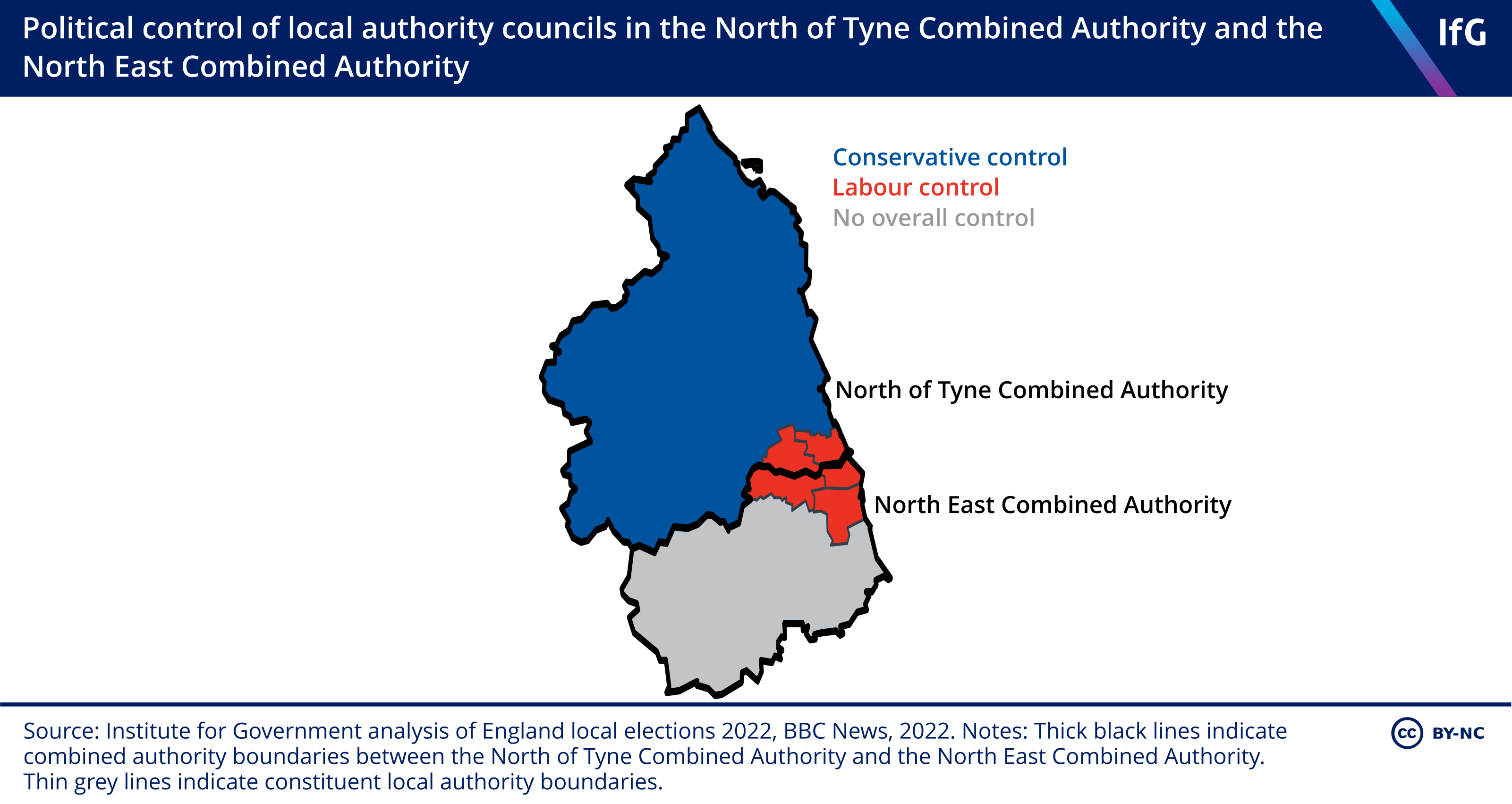 Political control of local authority councils in the North of Tyne Combined Authority and the North East Combined Authority