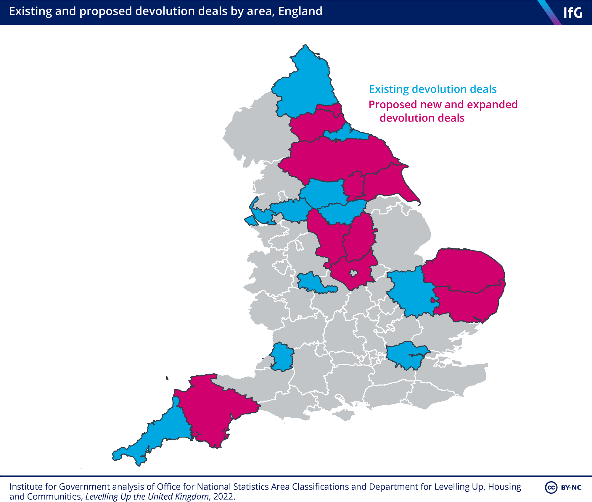 Existing and proposed devolution deals by area, England