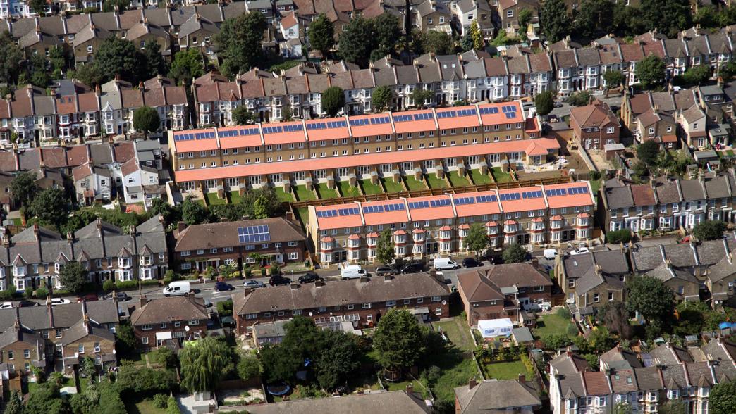 Aerial view of brand new housing with solar panels in London