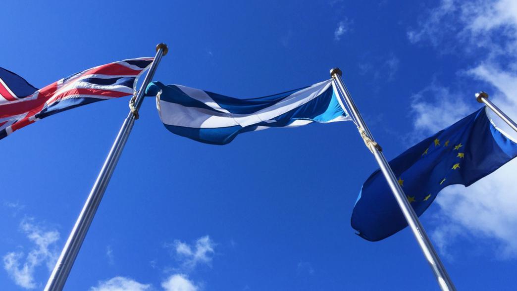 Union Jack, Scottish and EU flags