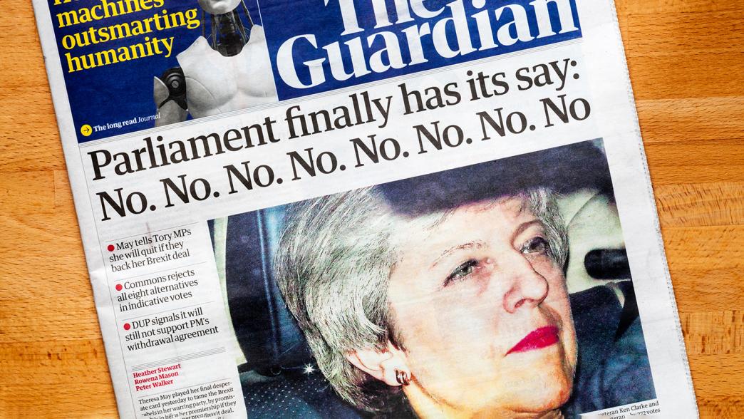 Front page of The Guardian newspaper after Brexit indicative votes