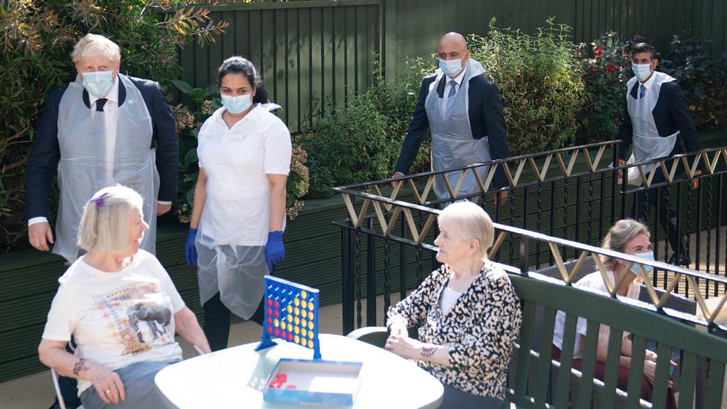 Boris Johnson, Sajid Javid and Rishi Sunak visiting a nursing home