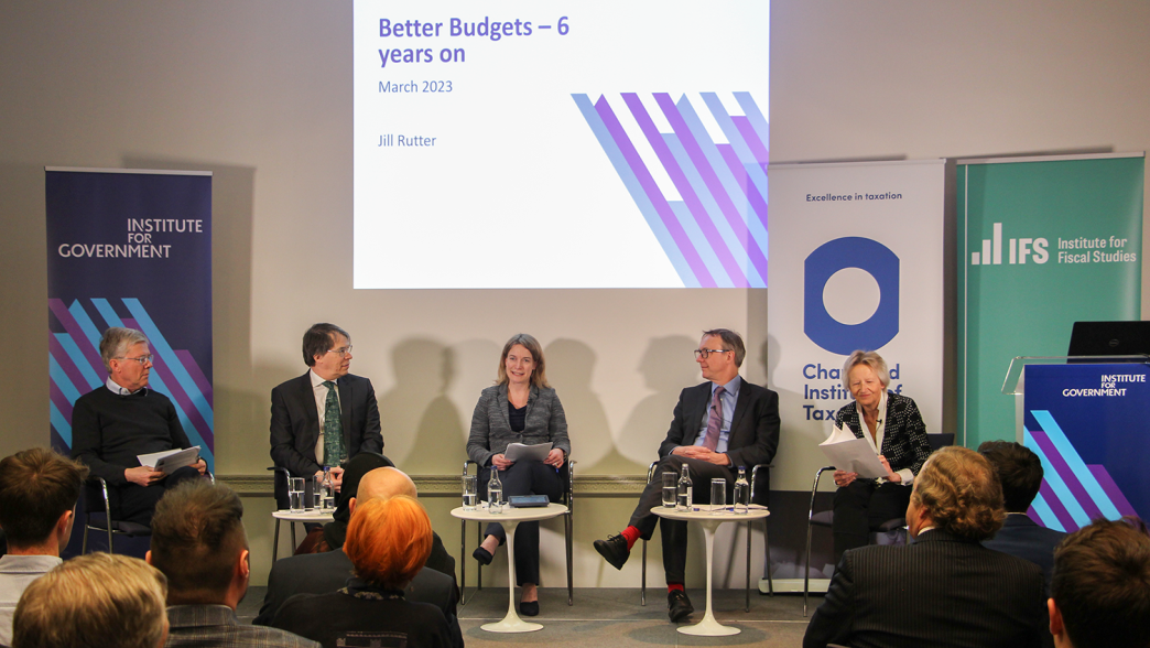 Panellists Sir Edward Troup, Bill Dodwell, Dr Gemma Tetlow, Paul Johnson and Jill Rutter on stage at an event on improving tax policy making.