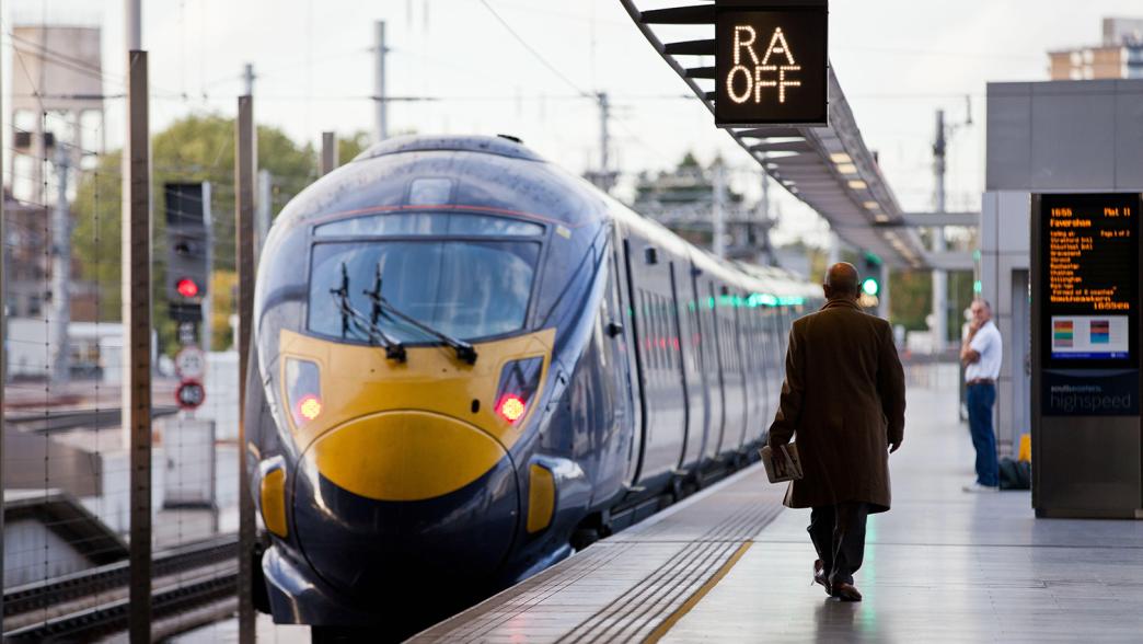A high speed train on the platform at St Pancras International station.