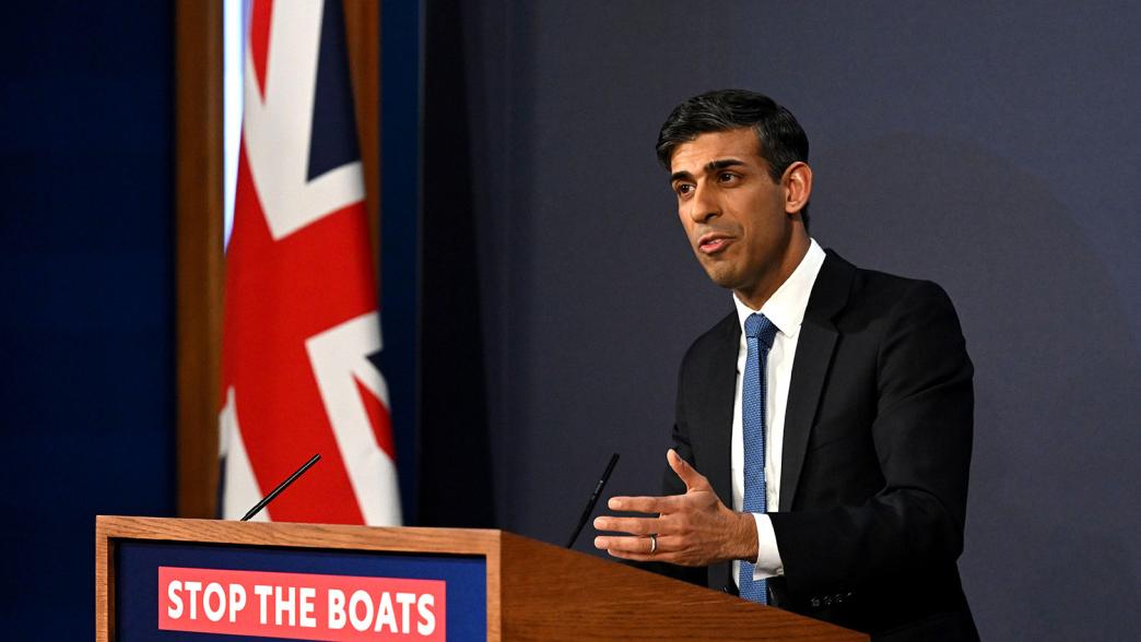 Rishi Sunak launching the government's new legislation on migrant channel crossings at a press conference in Downing Street.