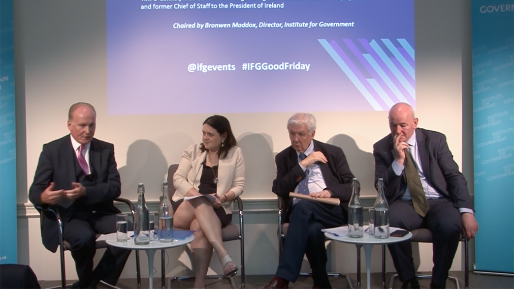 Tim O’Connor; Bronwen Maddox; Lord Bew and Mark Durkan on the stage at an IfG event.