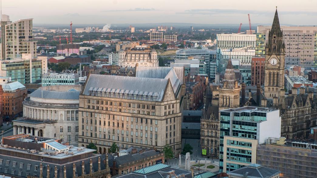 High viewpoint view over Manchester City Centre