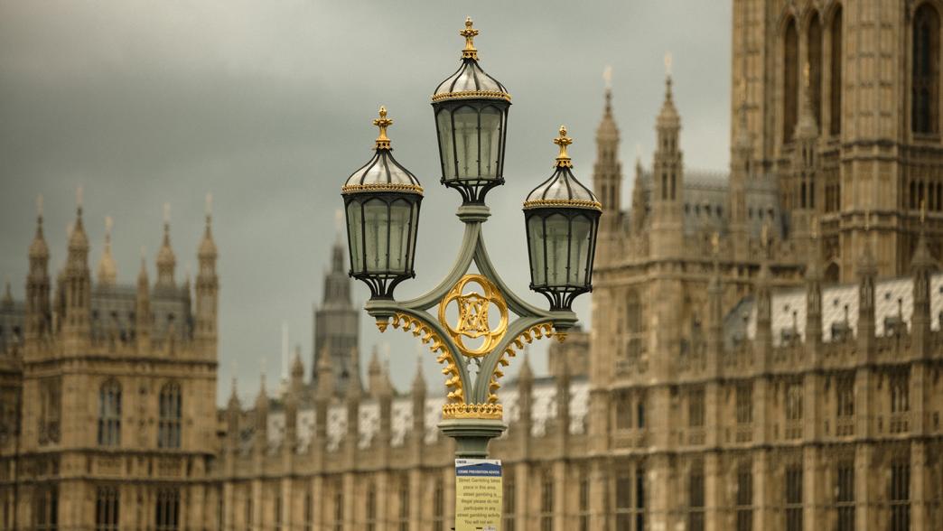 A street light across the river from the Houses of Parliament. In the background you can see the Houses of Parliament.
