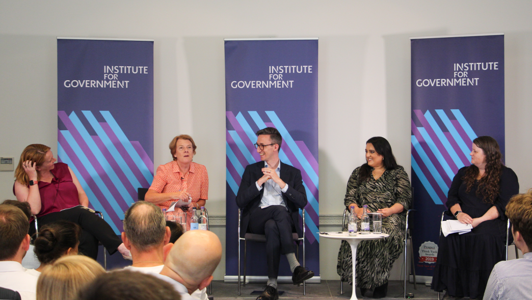 Panellists (from left to right): Liz Lloyd, Baroness Morgan, Tim Durrant, Sonia Khan and Jennifer Lees-Marshment on stage at the IfG.