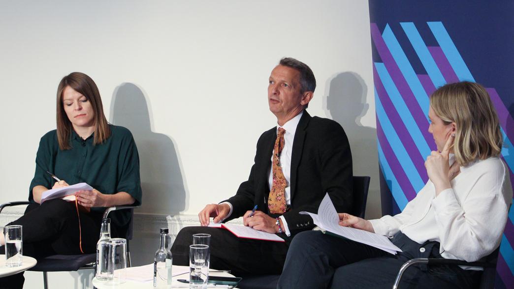 From left to right: Emma Norris, IfG deputy director; Andy Haldane, chair of the Levelling Up Advisory Council; and Rebecca McKee, IfG senior researcher. They are on stage as part of a panel discussion how central government should be organised to deliver levelling up.