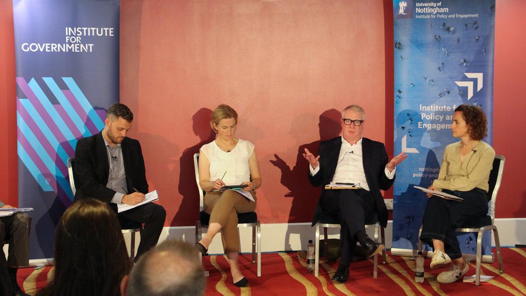 Cllr Ben Bradley, Dr Hannah White, Richard Parker and Prof Sarah Hall on a panel discussing devolution deals.
