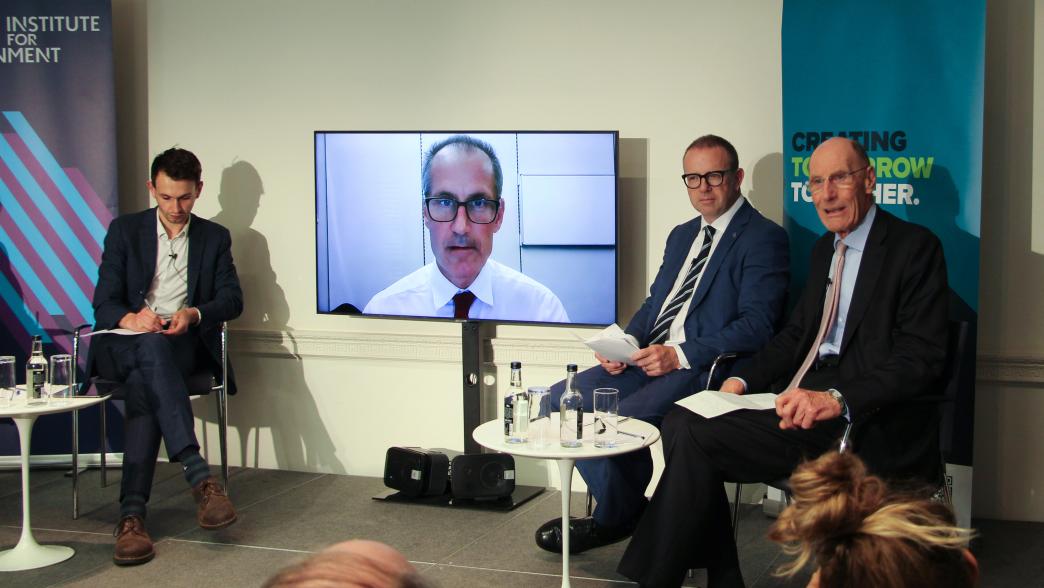 From left to right: Olly Bartrum, IfG senior economist; Bill Esterson MP, Shadow Minister for Business and Industry (on screen), Steve Beechey, Group Public Sector Director at Wates, and Sir John Armitt, Chairman of the National Infrastructure Commission.