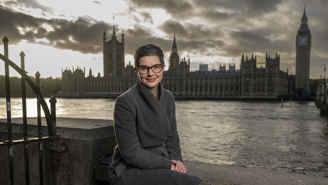 Chloe Smith, former work and pensions secretary, on a wall across the river from the Houses of Parliament.