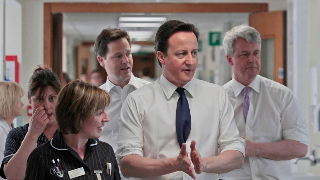 Nick Clegg, David Cameron and Andrew Lansley on a hospital visit.