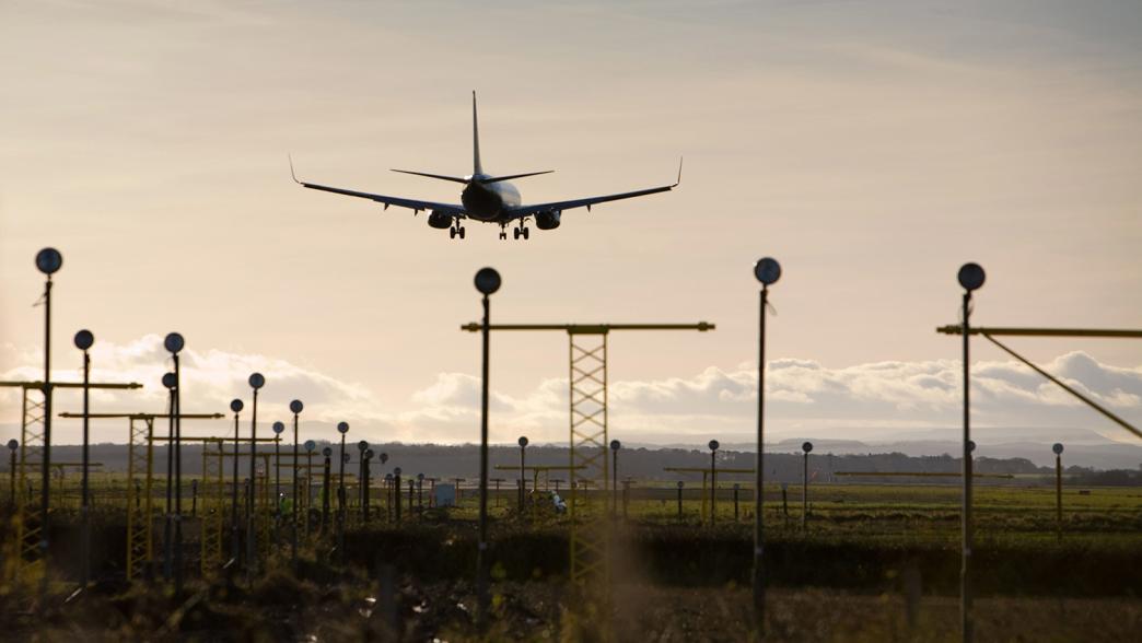 An airplane landing at Tees Valley airport.