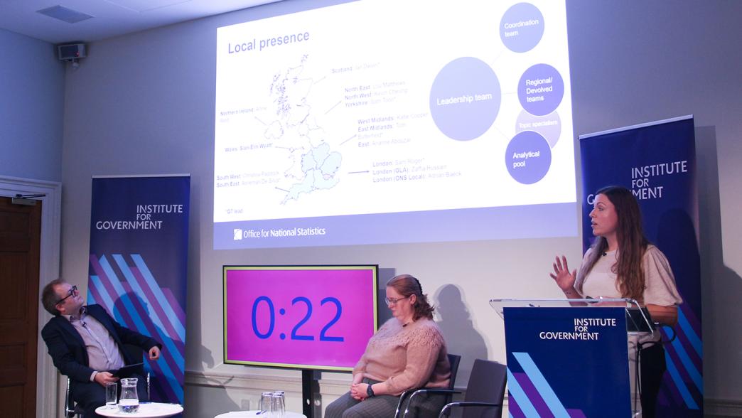 Becky Tinsley, Deputy Director of ONS Local and Coherence, and Emma Hickman, Deputy Director of Subnational Statistics and Analysis at the Office for National Statistics, on stage at the IfG.