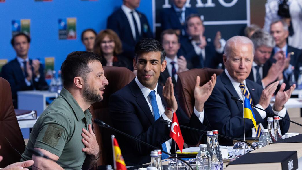 Ukrainian President Volodymyr Zelensky, British Prime Minister Rishi Sunak, and U.S. President Joe Biden, attend the second day of the NATO Summit meeting.
