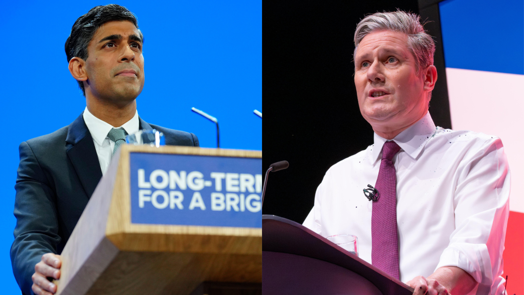 A composite image of Rishi Sunak and Keir Starmer on stage at the Conservative and Labour party conferences. 