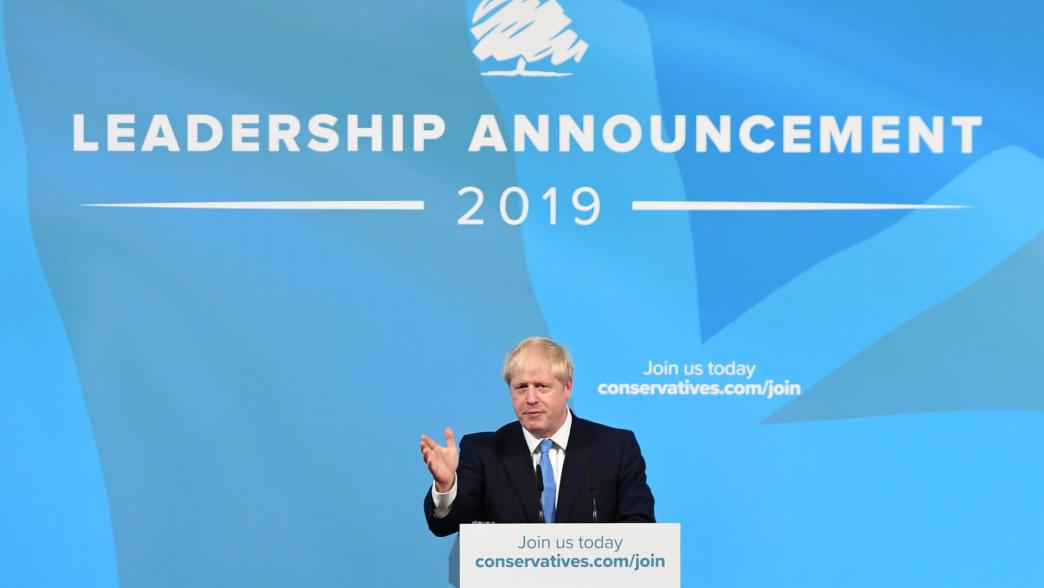 Boris Johnson on stage making his leadership announcement in 2019