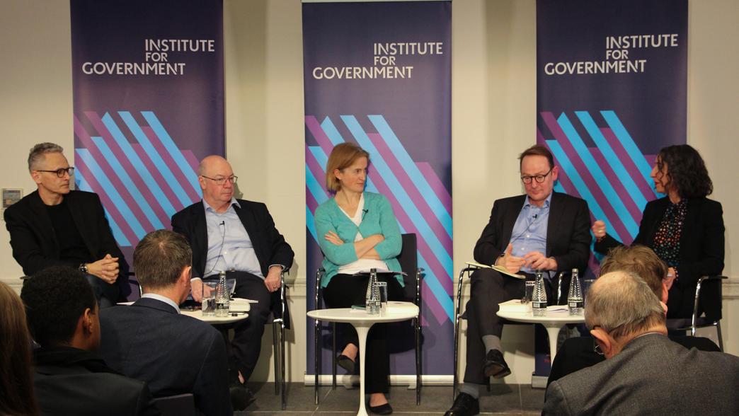 Professor David Halpern, Rt Hon Alistair Burt, Dr Hannah White, Greg Power, and Professor Meg Russell on stage at an event at the Institute for Government.