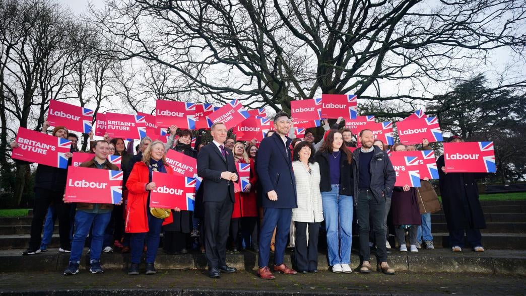 Newly elected Labour MP Damien Egan (centre) with Chris Bryant (front left) surrounded by Labour party supporters after being declared winner in the Kingswood by-election