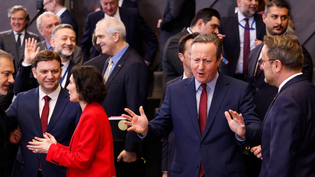Front row from left: Turkey's Foreign Minister Hakan Fidan, North Macedonia's Foreign Minister Bujar Osmani, Belgium's Foreign Minister Hadja Lahbib, British Foreign Secretary David Cameron and Luxembourg's Foreign Minister Xavier Bettel during a meeting of the North Atlantic Council in foreign ministers format at NATO headquarters in Brussels.