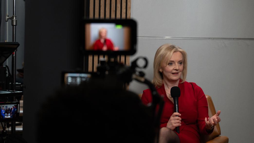Former prime minister Liz Truss is interviewed at the 2024 Conservative Political Action Conference (CPAC) in National Harbor, Maryland, US