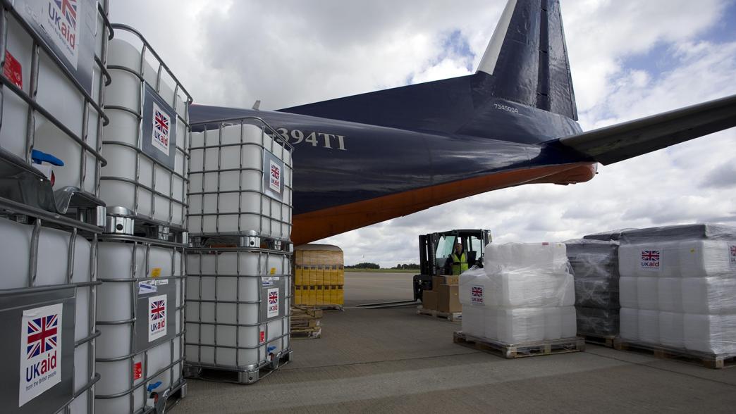 Cargo from UK Aid is loaded on to an Antonov An-12B aircraft at East Midlands Airport as part of the UK government's humanitarian response to the crisis in Iraq