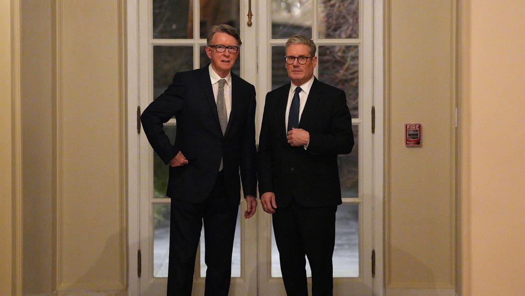 British Prime Minister Keir Starmer, right, talks with Britain's ambassador to the United States Peter Mandelson during a welcome reception at the ambassador's residence on Wednesday, Feb. 26, 2025 in Washington.