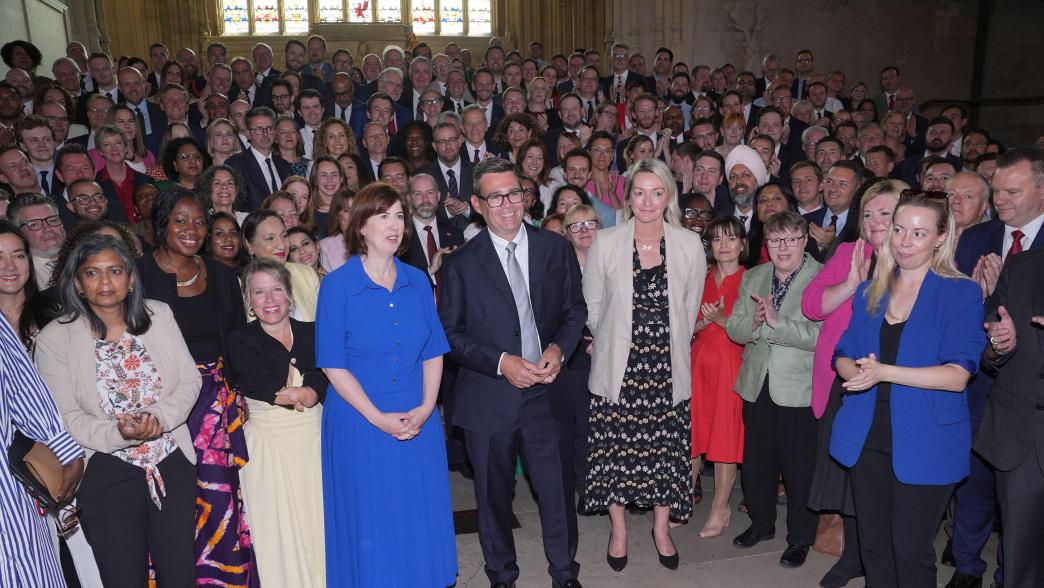 Andy Burnham with colleagues from the Parliamentary Labour Party in Westminster Hall at the Houses of Parliament in central London, as he returns to the House of Commons to take up his seat after winning the Makerfield by-election. 