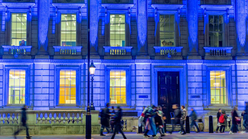Blue colour projected onto the Cabinet Office in Whitehall for the Brexit Celebration on Brexit Day, 31 January 2020