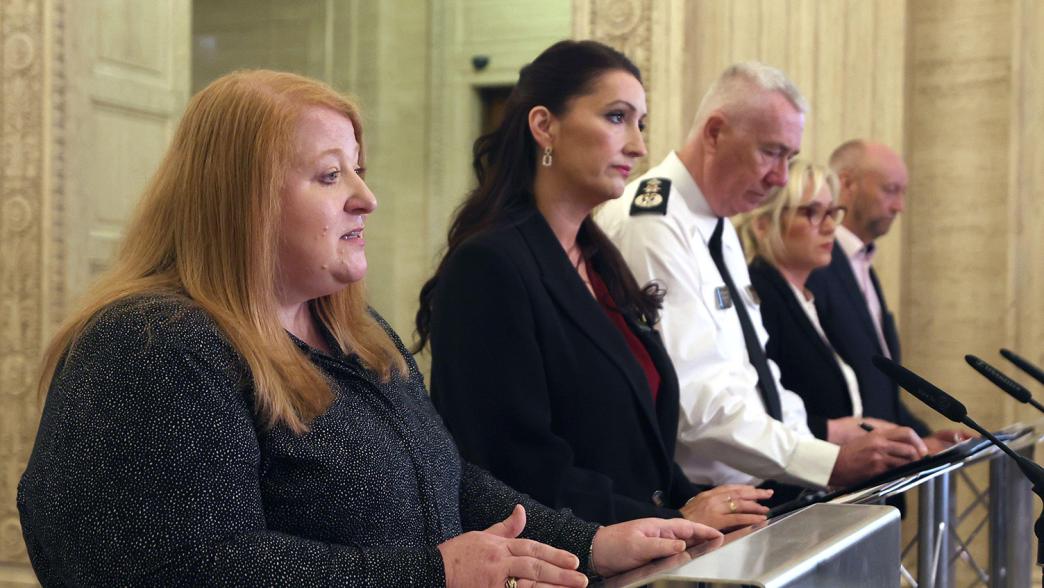  Justice minister Naomi Long, deputy first Minister Emma Little-Pengelly, PSNI chief constable Jon Boutcher, first minister Michelle O'Neill speaking to the media at Stormont following a stabbing in the Kinnaird Avenue area of north Belfast. 