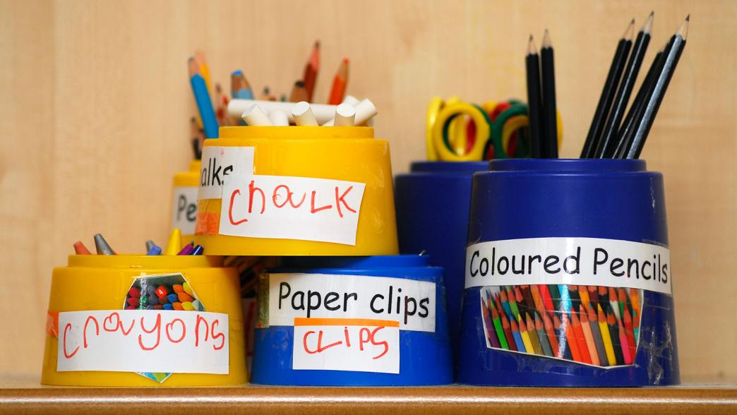 Stationery items on display in nursery school