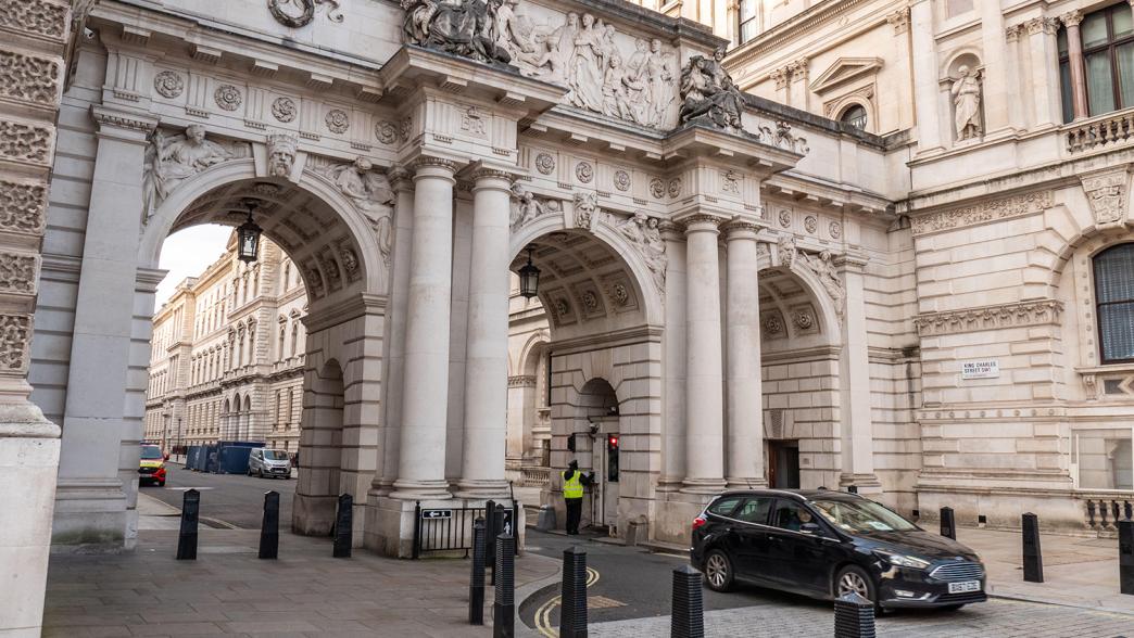 The classical architecture of UK government buildings in the UK capital's political district in Westminster.