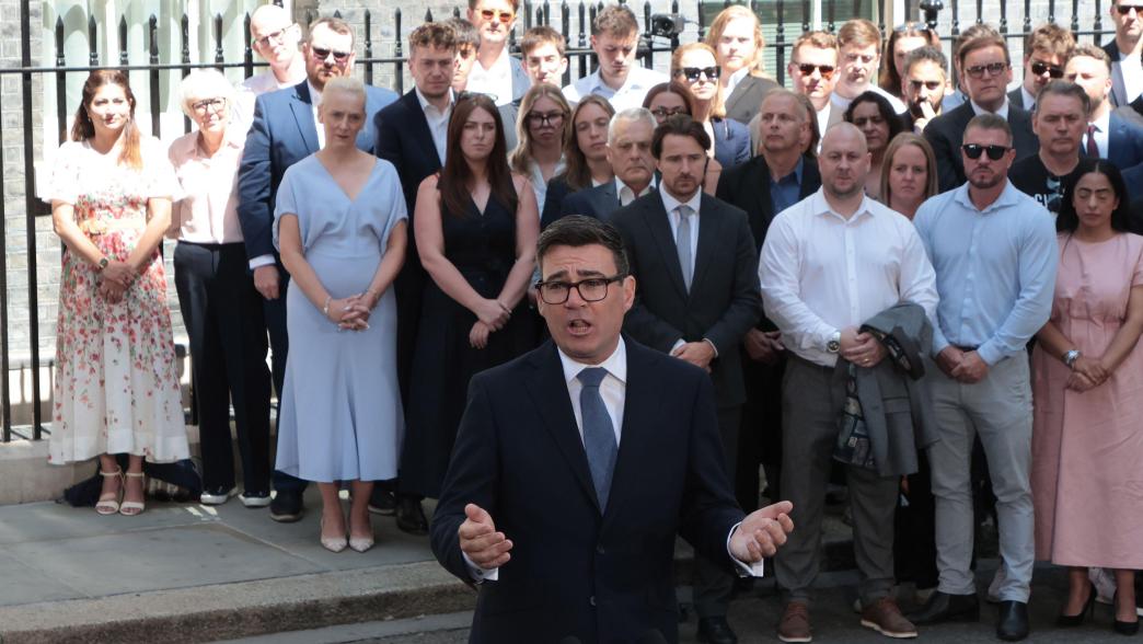 New British Prime Minister Andy Burnham gives his first speech to the country outside No 10 Downing Street on Monday, July 20, 2026. 