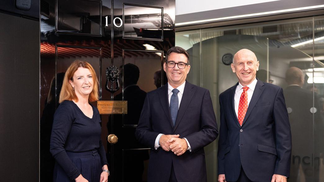 New Prime Minister Andy Burnham, with Minister for the Cabinet Office Louise Haigh and Chancellor of the Exchequer John Healey, as he arrives and greets staff at No 10 North