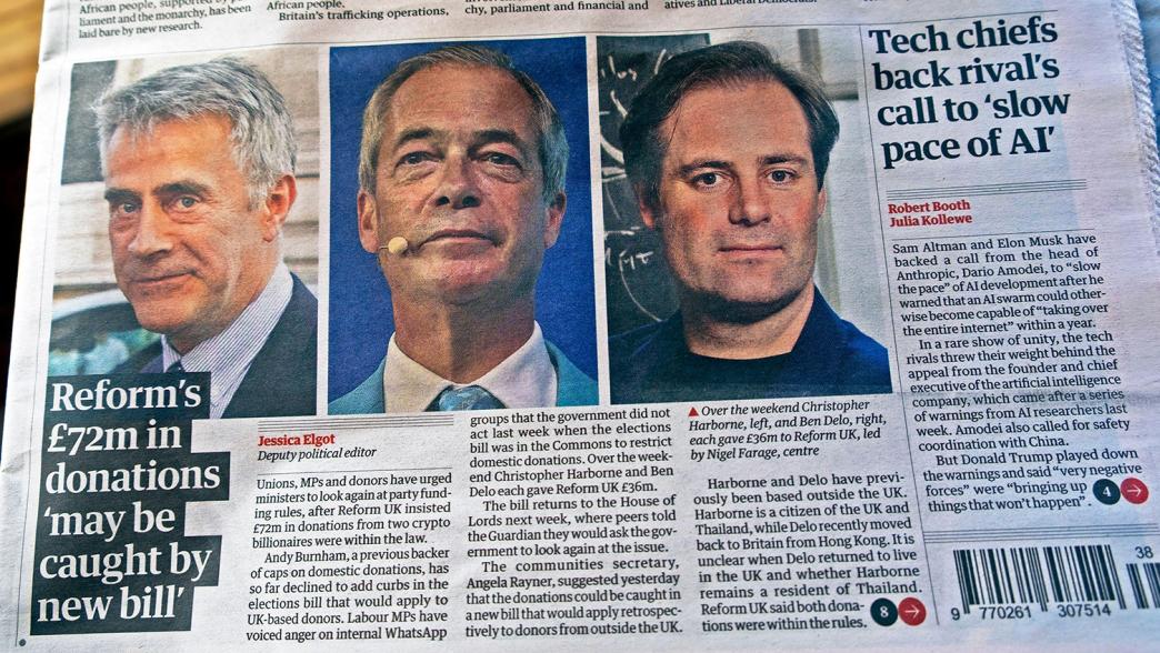 'Reform's &pound;72m in donations 'may be caught by new bill' Guardian newspaper front page Nigel Farage, Harborne, Delo donation article 12 September 2026